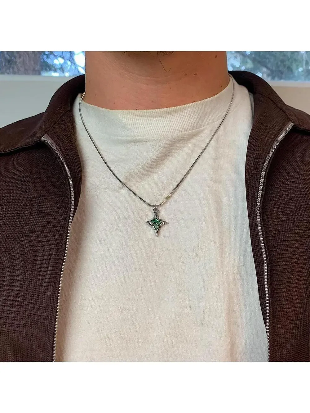 Y2k Cyber Melted Green Opal Star Silver Rope Chain Necklace. y2k 2000s style